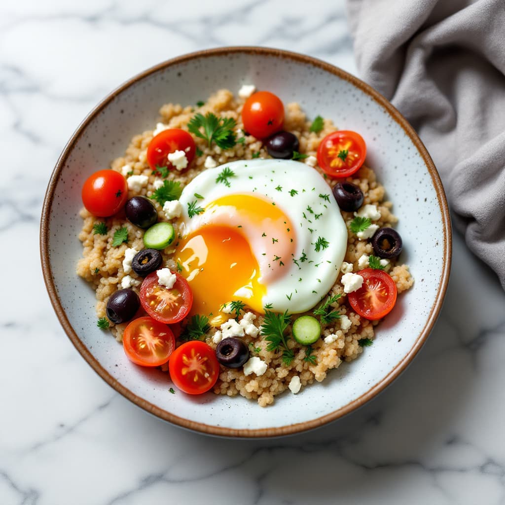 Bulgur con queso feta y huevo poché